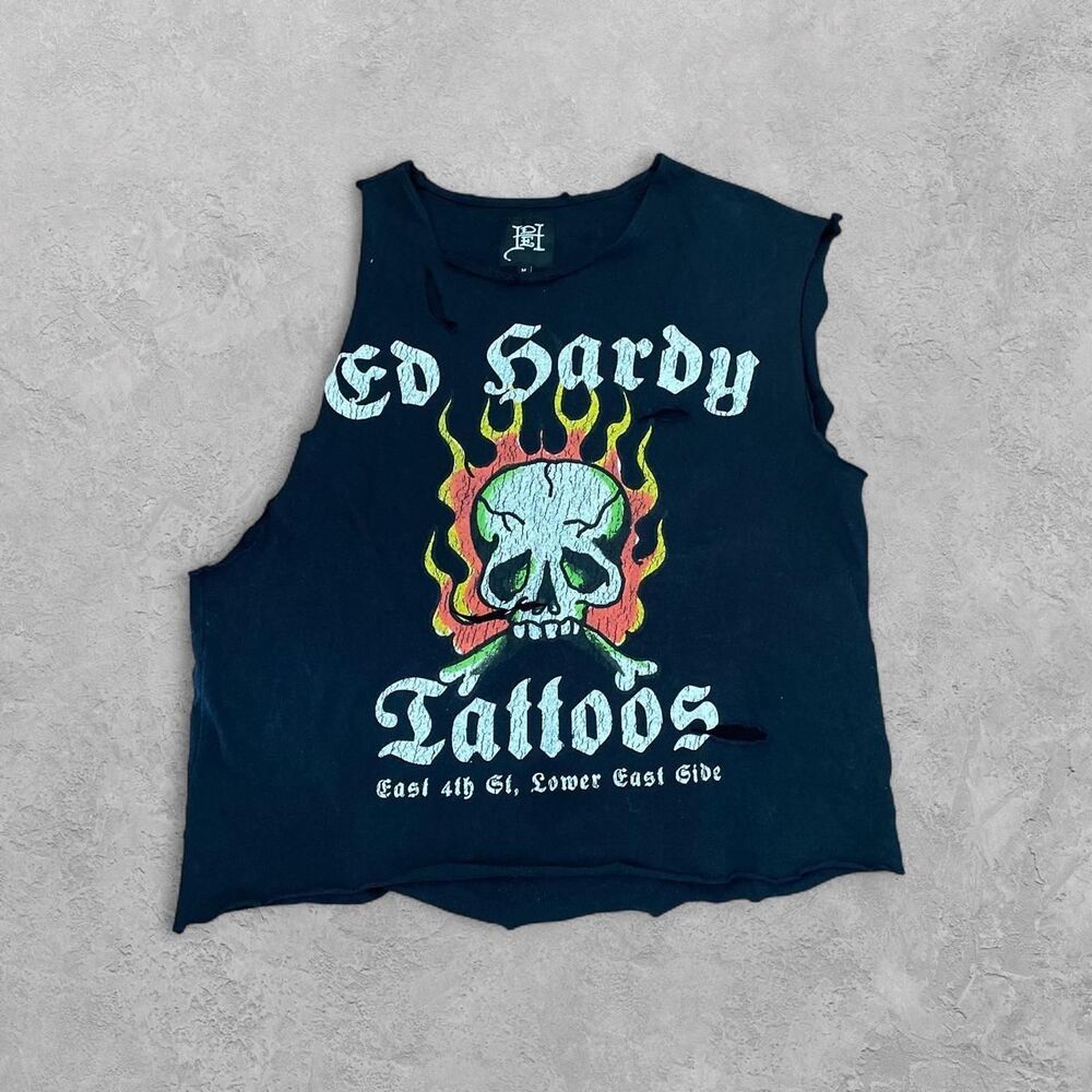 Ed Hardy Skull Flame Tank Top Black M Graphic Sleeveless Punk Y2K